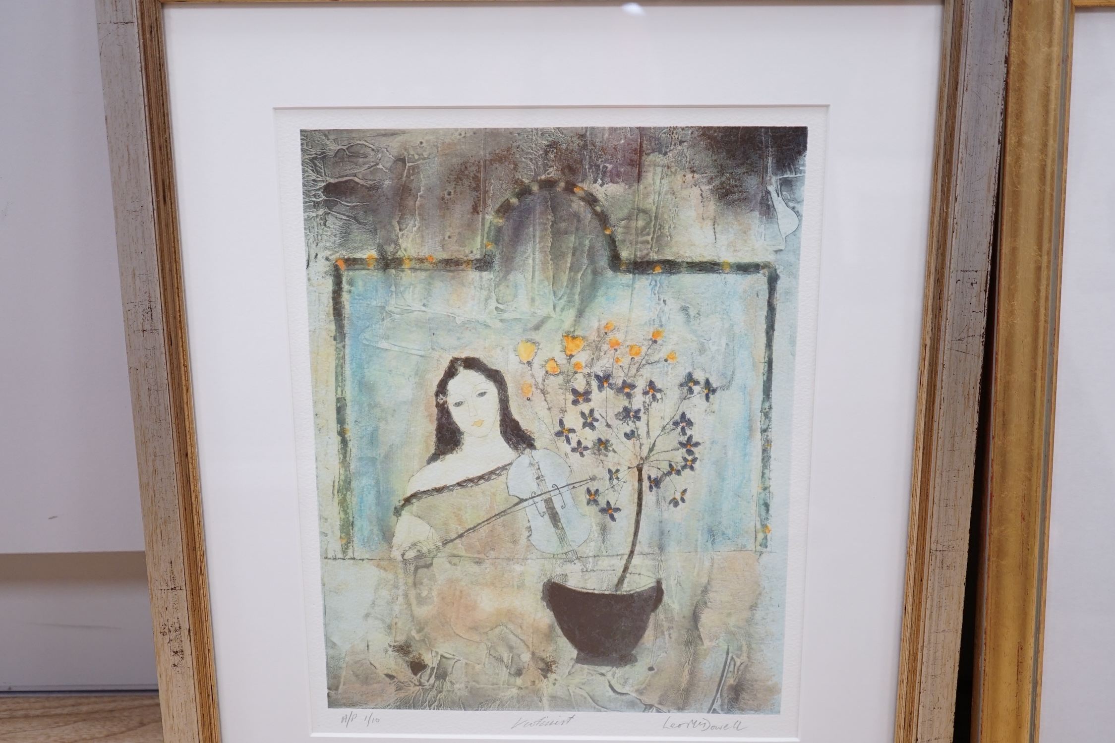 Leo McDowell (1936-2011), two gouaches and an oleograph, Still lifes and violinist, each signed, largest 35 x 27cm. Condition - good